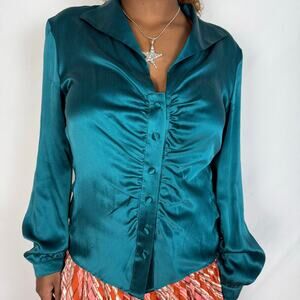 Teal Y2K satin collared long sleeve Talbots blouse with ruffle / ruching detail